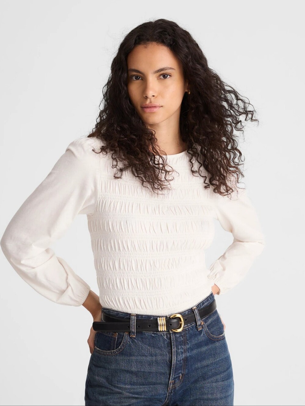 Madewell Smocked Boatneck Top Vintage White NY504 Women's Size Medium M NEW